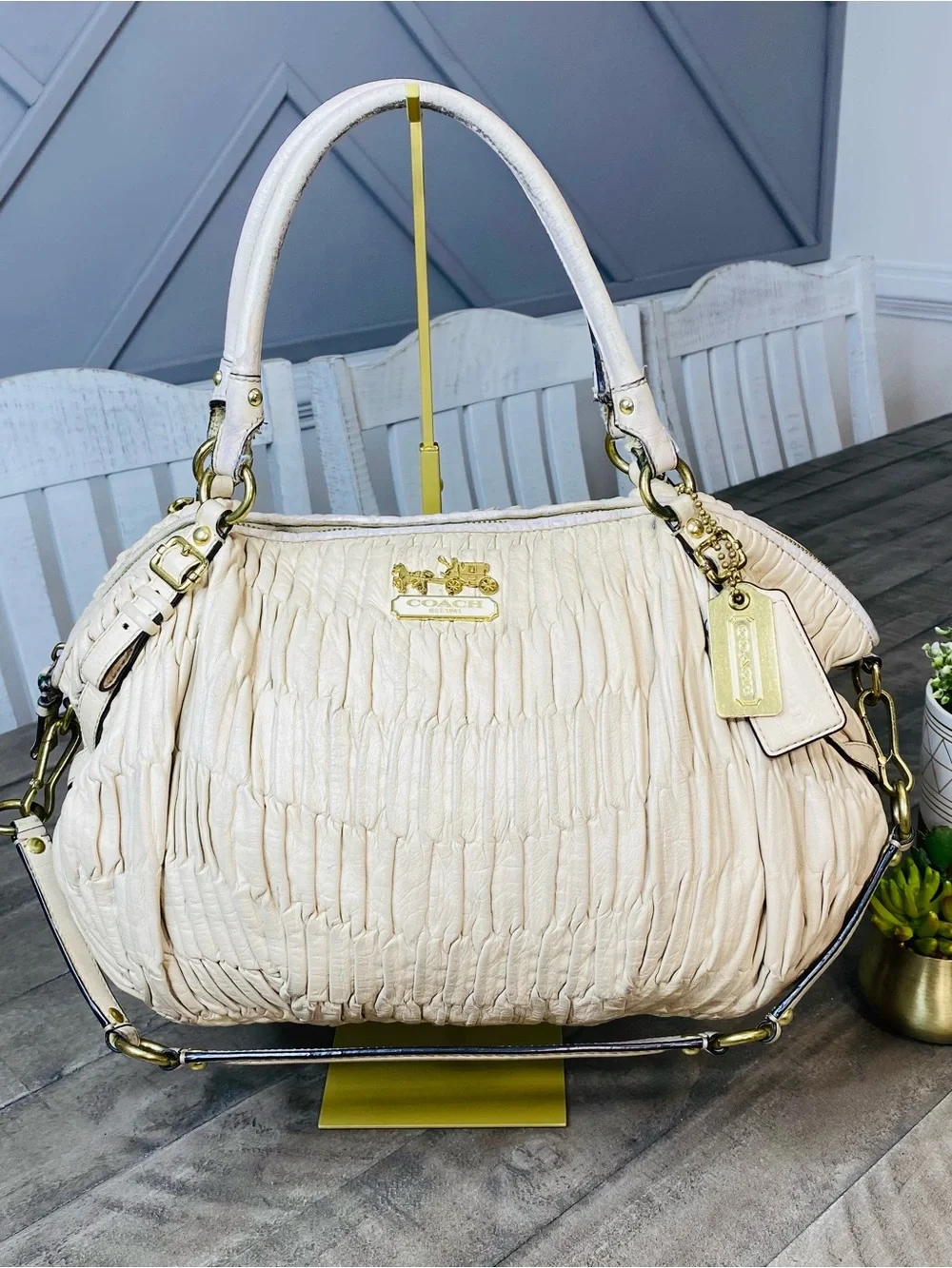 Coach Madison Gathered Leather Satchel Bag Off-White Cream Gold Hardware